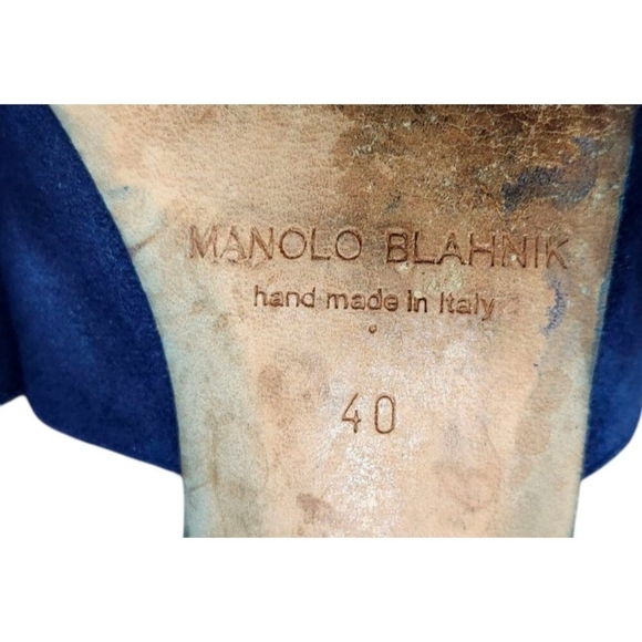 Manolo Blahnik Navy Blue Rapallato Soft Suede Banded Block Heel Sandals … - Picture 11 of 12